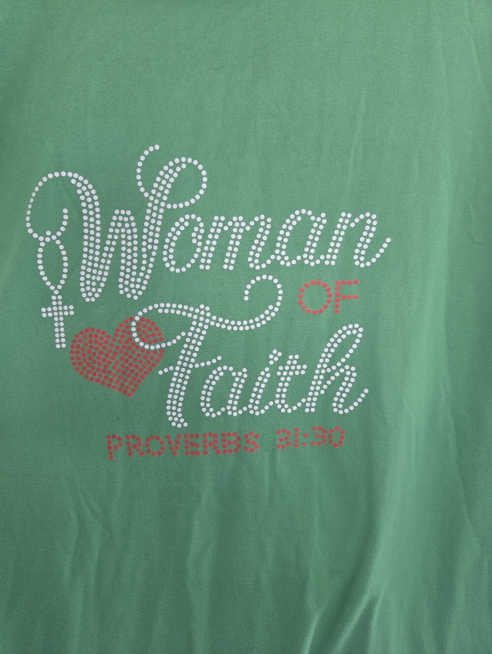 Woman of Faith Graphic Tee - Green with White & Red Rhinestone Script